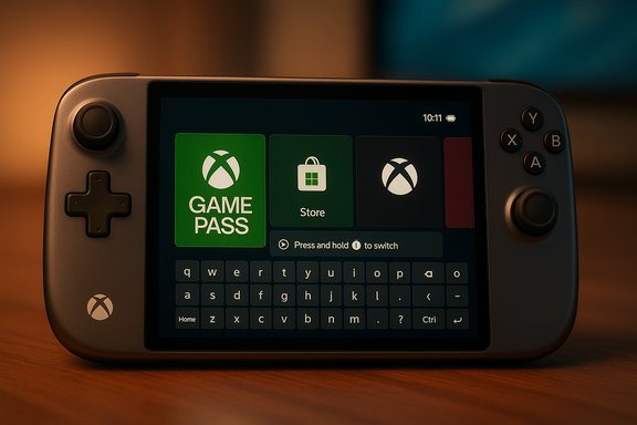 Handheld gaming console showing Xbox Game Pass and Store tiles on screen. Handheld gaming console showing Xbox Game Pass and Store tiles on screen.