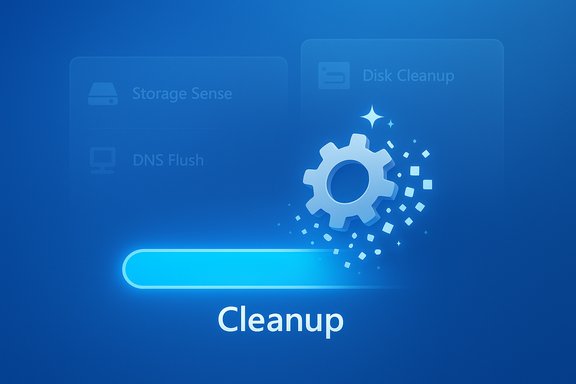 Blue UI illustration of a glowing Cleanup button with a gear and sparkles. Blue UI illustration of a glowing Cleanup button with a gear and sparkles.