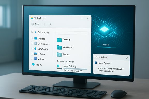 A computer monitor displays Windows File Explorer with a Folder Options panel on a blue, tech-themed desktop. A computer monitor displays Windows File Explorer with a Folder Options panel on a blue, tech-themed desktop.