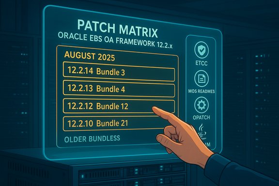 A hand points to 12.2.12 Bundle 12 on a PATCH MATRIX for Oracle EBS patches.
