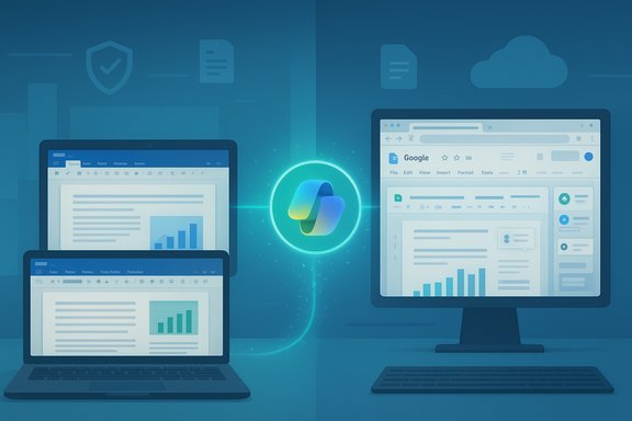 Two laptops and a desktop monitor display documents and charts around a glowing central logo.