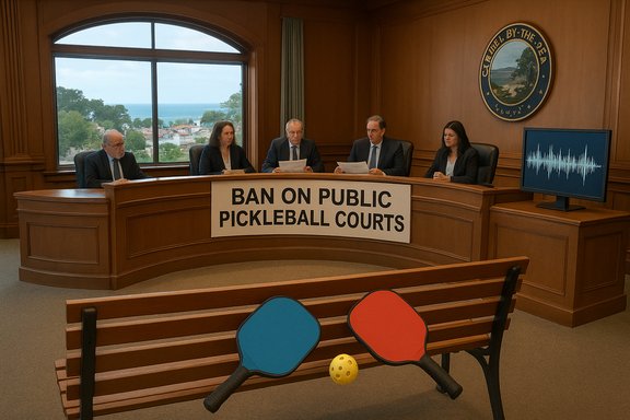 Officials debate a ban on public pickleball courts as paddles and a ball sit on a bench.