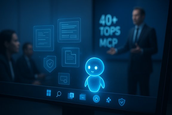 A glowing blue holographic chatbot avatar on a conference screen during a business meeting.