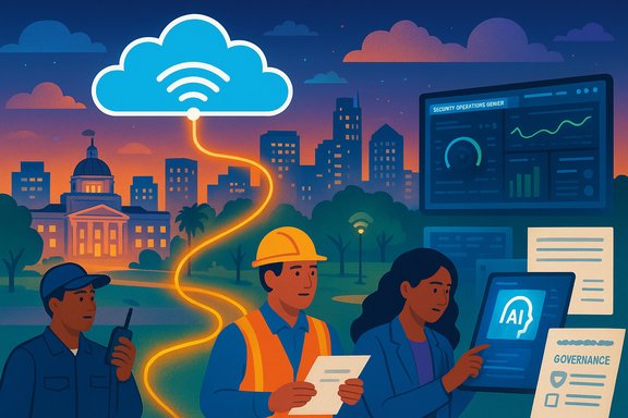 Cloud-connected cityscape as workers monitor AI governance and security dashboards.