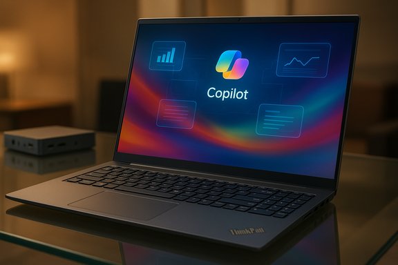 ThinkPad laptop on a glass desk displaying Copilot UI with a colorful gradient background.