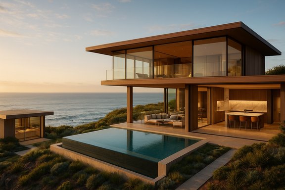 Modern glass-walled oceanfront home with an infinity pool at sunset.
