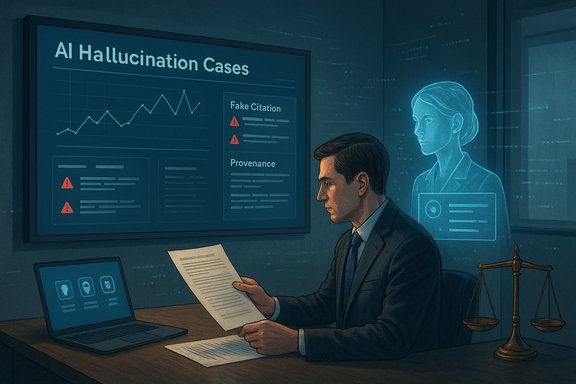 Attorney reviews AI hallucination cases on a large screen with a holographic assistant.