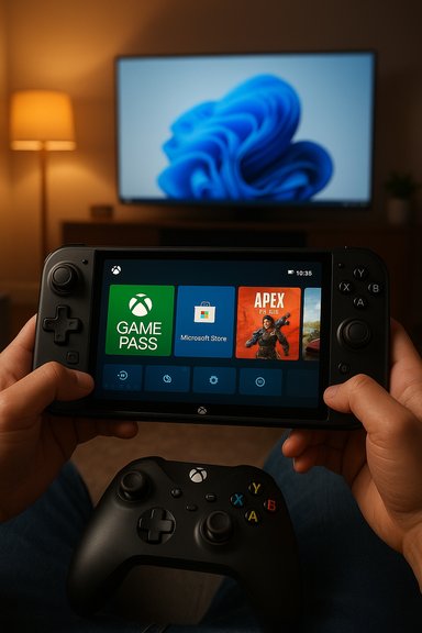 A person plays Xbox Game Pass on a handheld console in a cozy living room. A person plays Xbox Game Pass on a handheld console in a cozy living room.
