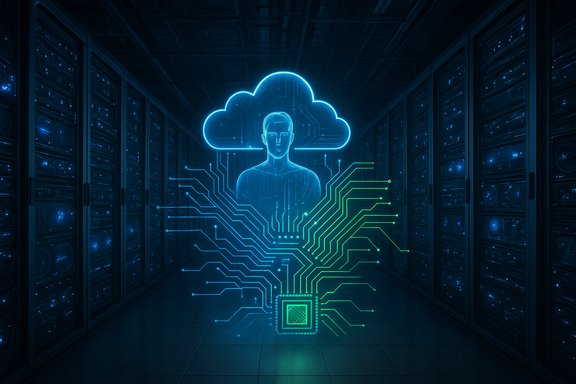 Holographic human silhouette under a glowing cloud, with neon circuitry in a data center.