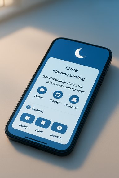 A smartphone shows the Luna morning briefing app with posts, events, and weather.