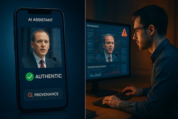 AI assistant verifies a speaker’s photo as authentic, while metadata and provenance are analyzed. AI assistant verifies a speaker’s photo as authentic, while metadata and provenance are analyzed.