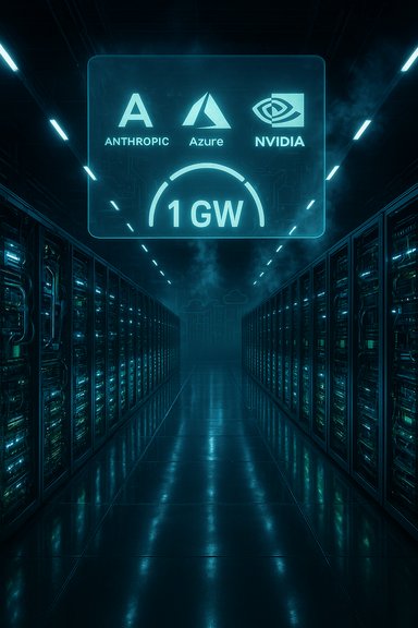 Futuristic data-center hallway with blue neon sign reading 1 GW for Anthropic, Azure, NVIDIA.