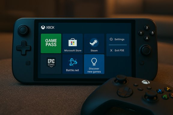 A handheld gaming device displays an Xbox home screen with Game Pass and Steam icons. A handheld gaming device displays an Xbox home screen with Game Pass and Steam icons.
