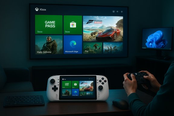 Gamer uses a handheld Xbox console while the TV shows the Xbox home screen. Gamer uses a handheld Xbox console while the TV shows the Xbox home screen.