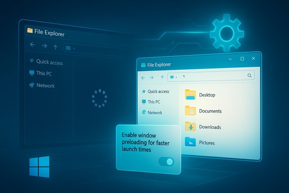 Futuristic Windows File Explorer UI with a settings card to enable window preloading. Futuristic Windows File Explorer UI with a settings card to enable window preloading.