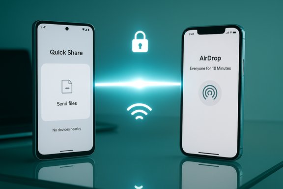 Two smartphones exchange files wirelessly via AirDrop and Quick Share.