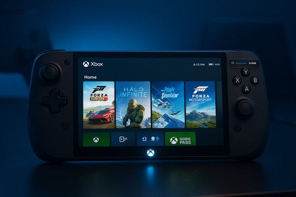 A handheld Xbox console displays the Home screen with game tiles like Forza and Halo Infinite. A handheld Xbox console displays the Home screen with game tiles like Forza and Halo Infinite.