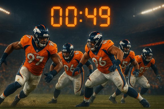 Denver Broncos rush onto the field in orange uniforms beneath a bright countdown clock.