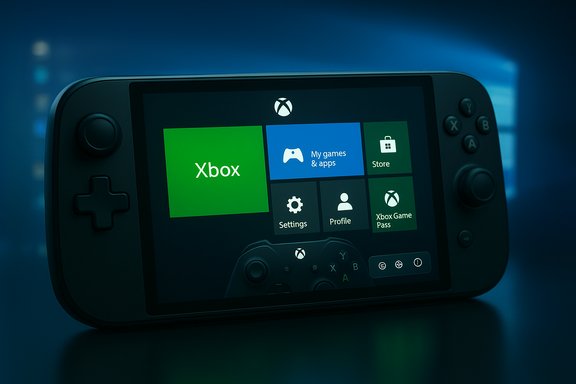 A handheld Xbox console displaying a Windows-style Start screen with colorful tiles. A handheld Xbox console displaying a Windows-style Start screen with colorful tiles.