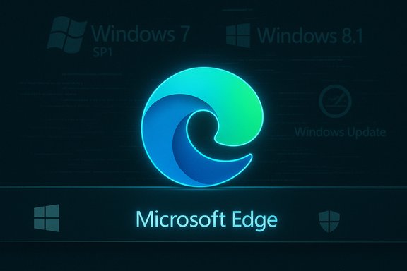 A neon Microsoft Edge logo glows on a dark, tech-themed background with the text 'Microsoft Edge'.