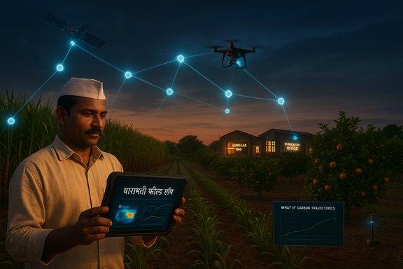 A farmer at dusk uses a drone and tablet to monitor carbon trajectories over a field.