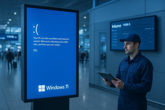A man in a blue uniform stands with a tablet beside a Windows 11 blue-screen error in a modern terminal.
