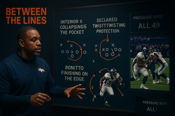 An NFL coach explains football plays beside a “Between the Lines” wall diagram.