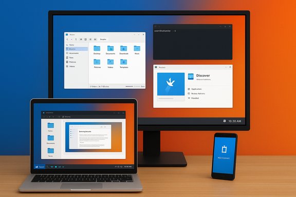 A desktop monitor, a laptop, and a smartphone displaying Windows-like desktops on a blue-to-orange gradient.