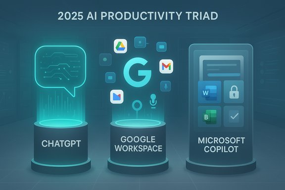 2025 AI Productivity Triad featuring ChatGPT, Google Workspace, and Microsoft Copilot.