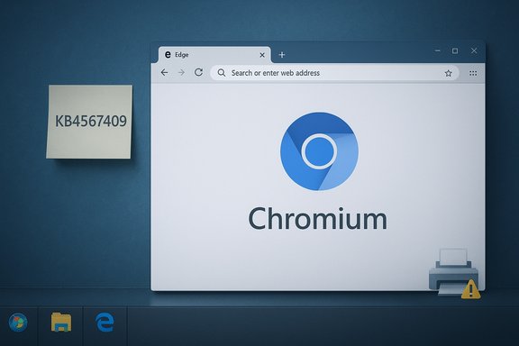 A Chromium browser window on a Windows desktop with a sticky note labeled KB4567409.