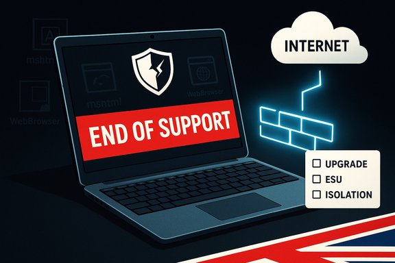 Laptop screen shows “END OF SUPPORT” warning with a glowing firewall and internet cloud.