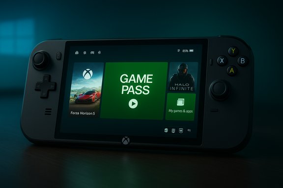 Handheld Xbox console displaying Game Pass UI with Forza Horizon 5 and Halo Infinite. Handheld Xbox console displaying Game Pass UI with Forza Horizon 5 and Halo Infinite.