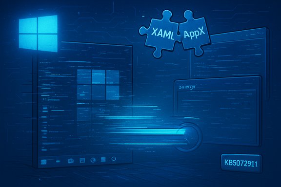 Blue Windows-themed illustration showing XAML and AppX puzzle pieces over code.
