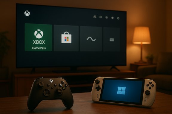 A cozy living room with a TV displaying Xbox Game Pass and two gaming devices on the table. A cozy living room with a TV displaying Xbox Game Pass and two gaming devices on the table.