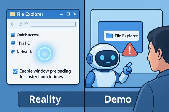 Reality vs Demo: real File Explorer with preload enabled, contrasted with a robot demo showing a warning.