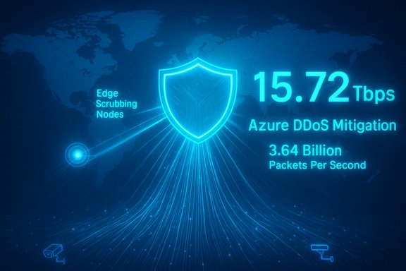 Blue neon shield center with Azure DDoS Mitigation at 15.72 Tbps and 3.64B packets/sec.