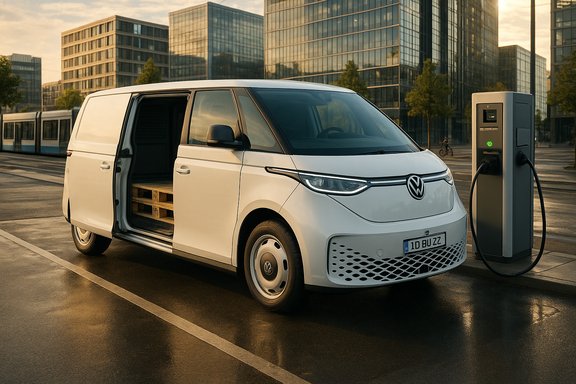 White Volkswagen electric van charging at a curbside station in a glass-clad urban district.