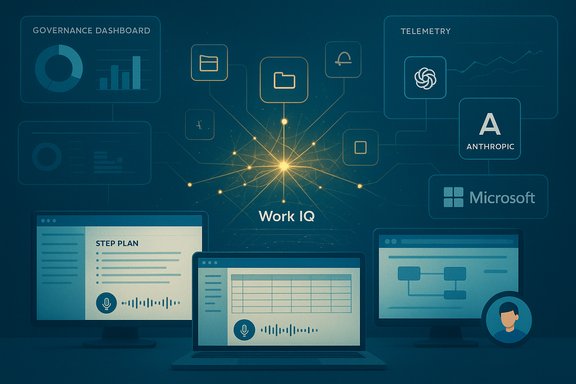 Work IQ: a central hub linking governance dashboards, telemetry, and planning tools.