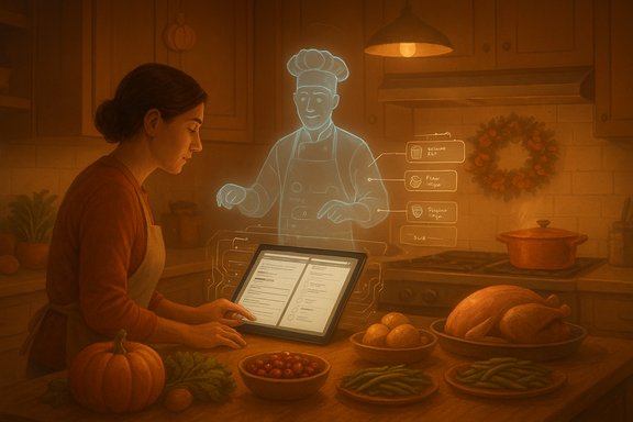 Woman in a kitchen uses a tablet to project a holographic chef guiding recipe steps.