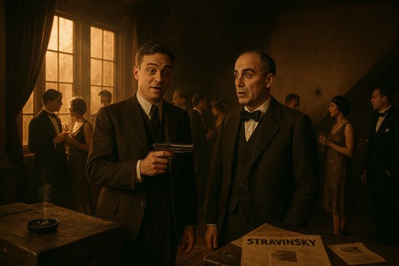 Two men in 1930s suits converse at a smoky amber-lit party, one holding a pistol.