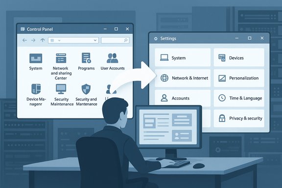 An IT admin configures a computer using Control Panel and Settings panels.
