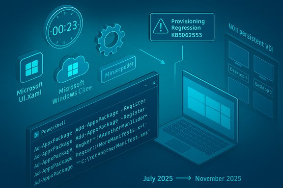Illustration of Windows app packaging, scripting, and provisioning issues with a July–November 2025 timeline.