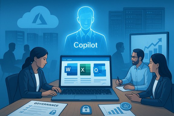 Team uses Copilot AI in a cloud-driven office as a laptop displays Word, Excel, and PowerPoint.