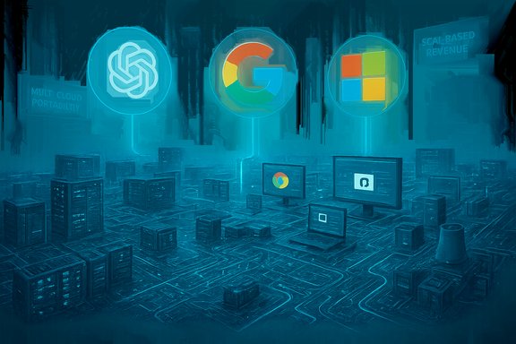 A futuristic blue cityscape with glowing cloud logos for Google, Windows, and an abstract symbol.