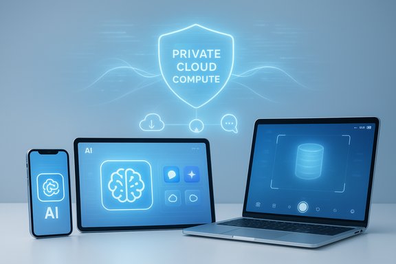 A glowing “Private Cloud Compute” shield protects AI across smartphone, tablet, and laptop.