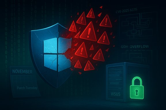 Cracked Windows shield spews red warning triangles, signaling cyber threats near Patch Tuesday security.