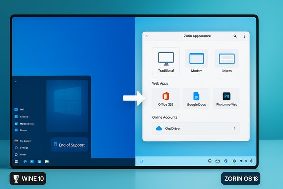 Split-screen: Windows desktop on the left and Zorin OS 18 appearance settings on the right.