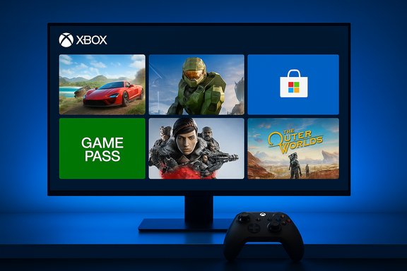 Xbox home screen with tiles for Forza, Halo, Store, Game Pass, a female action hero, and The Outer Worlds.