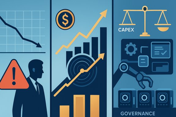 Business infographic showing a downward trend, rising profits, CAPEX emphasis, and governance automation.