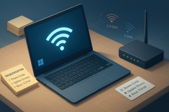 Laptop and wireless router on a desk, screen shows a large Wi‑Fi symbol, with troubleshooting notes nearby.
